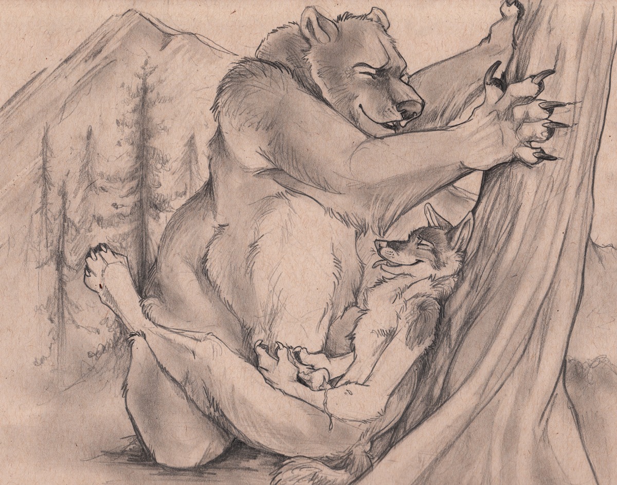 2008 after_sex animal_genitalia anthro bear blotch bodily_fluids canid canine canis coyote cum cum_on_arm cum_on_self duo e621 erection genital_fluids genitals handjob larger_male larger_sub male male/male mammal monochrome nude overweight penetration penile penile_penetration penis penis_in_penis scratches_volume_2 sepia sex size_difference small_top_big_bottom smaller_male submissive tail traditional_media_(artwork) urethral urethral_penetration