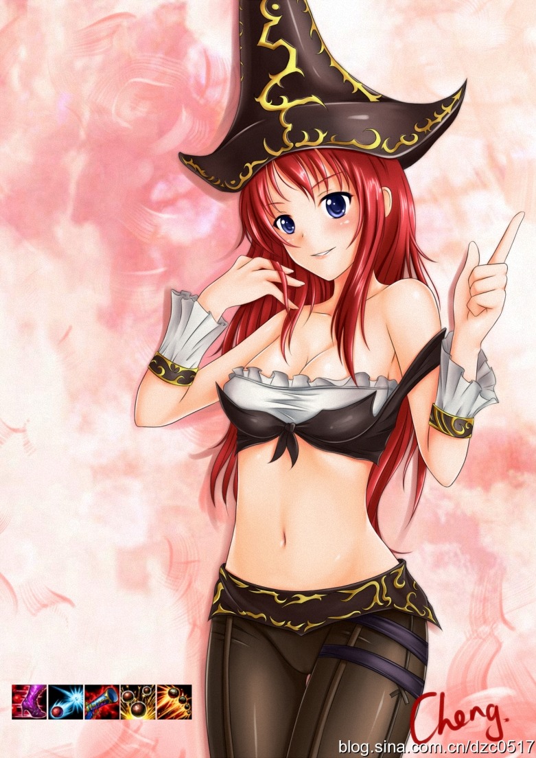 1girl 2011 bandeau bangs belly belly_button blue_eyes blush breasts cheng cleavage clothed collarbone crop_top female female_only hat league_of_legends miss_fortune off_shoulder pirate pirate_hat pointing red_hair rule34 shoulders sina smile solo solo_female thigh_gap thin_waist video_game_character vulva vulva_outline wide_hips