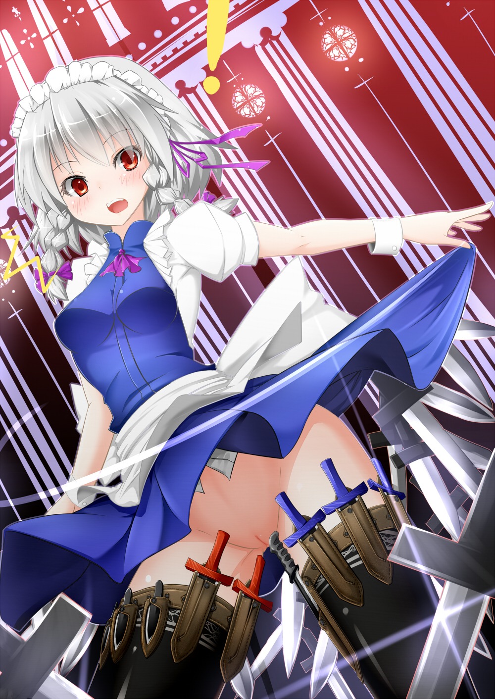 :o black_legwear blush column dutch_angle female from_below highres holster inu3 knife maid maid_headdress mound_of_venus no_panties open_mouth pillar pussy red_eyes rule34 sakuya_izayoi silver_hair skirt skirt_lift solo thigh_holster thighhighs touhou wrist_cuffs