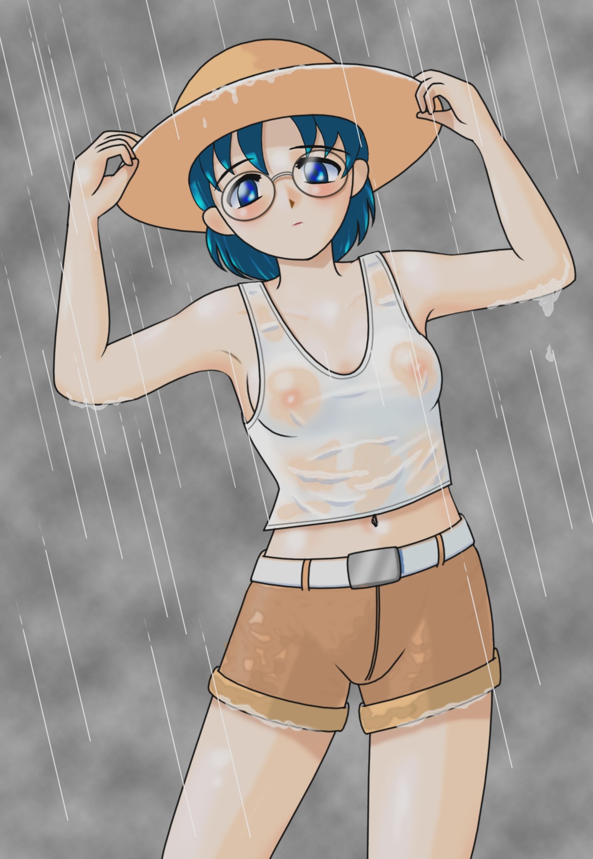 1girls ami_mizuno anime_style big_eyes bishoujo_senshi_sailor_moon blue_eyes blue_hair breasts clothed clothing dutch_angle female female_only front_view fully_clothed glasses hat human nipples pale_skin pointy_chin rain raining red103 rule34 see-through see-through_clothing shorts small_breasts solo standing tagme visible_nipples wet wet_clothes wet_shirt