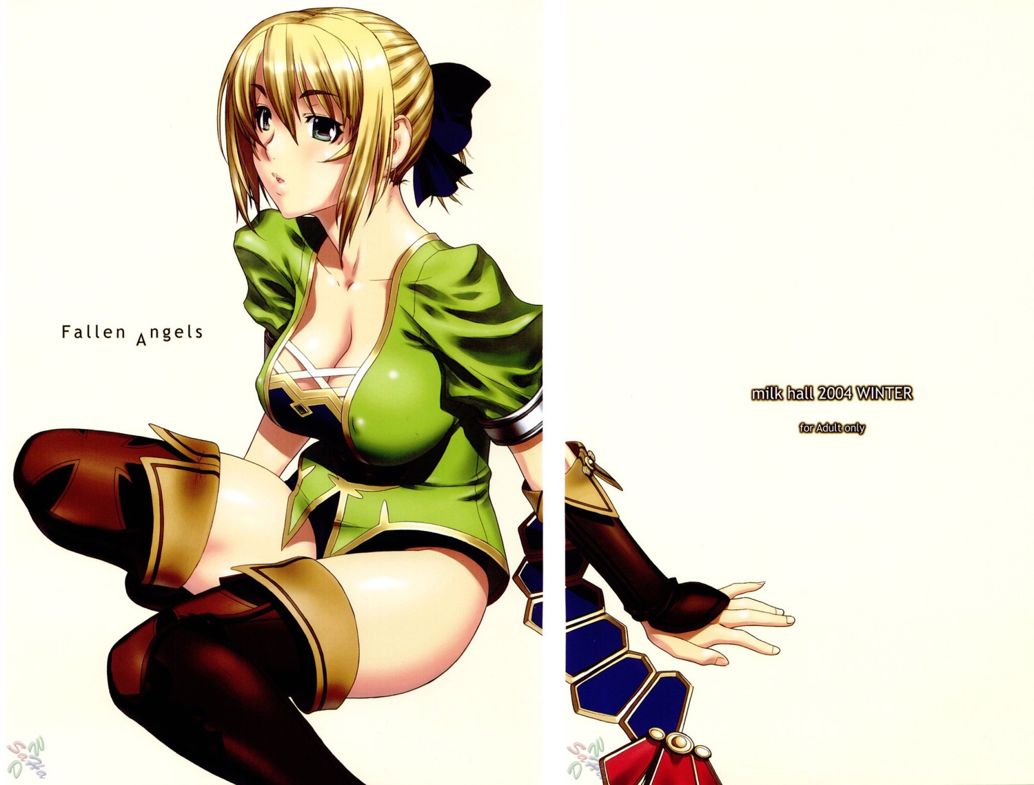 blonde_hair breasts cassandra cassandra_alexandra cleavage cover cover_page elbow_gloves erect_nipples female female_only gloves highres human kansuke nipples ribbon rule34 scan solo soul_calibur thighhighs