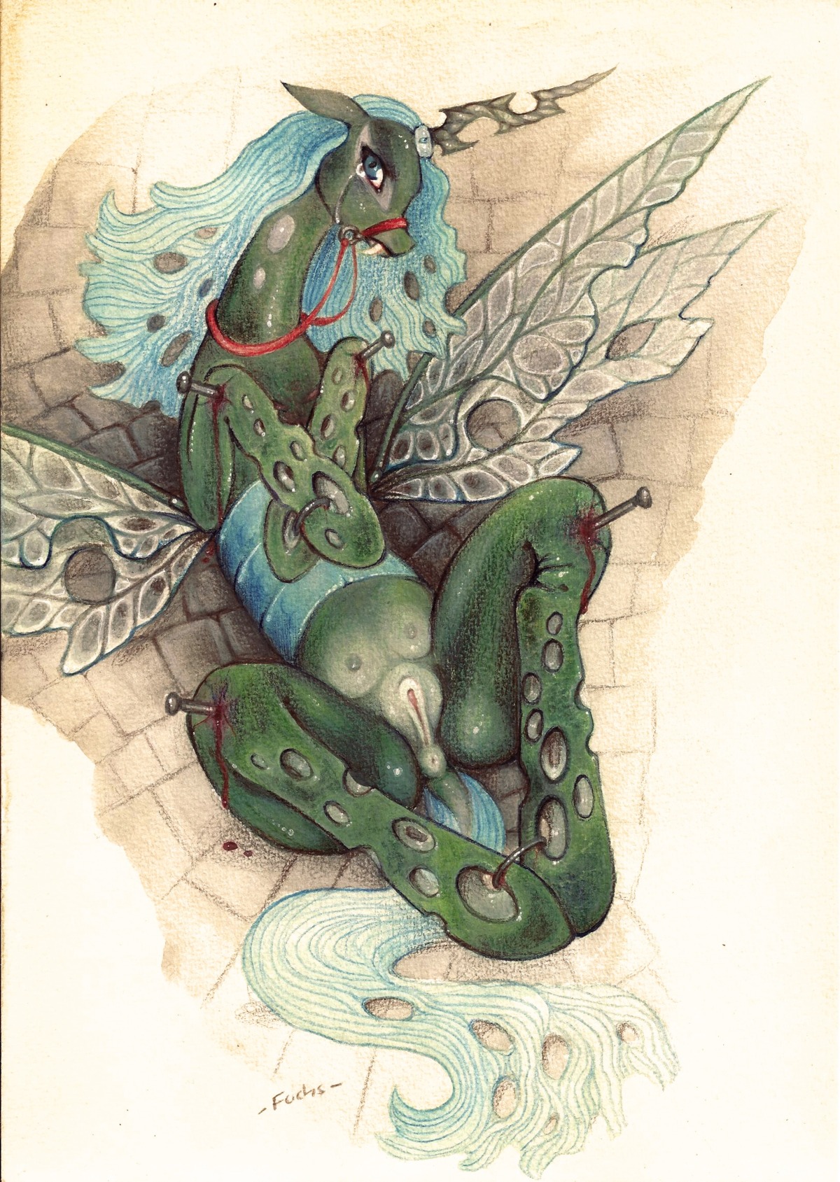 2013 animal_genitalia animal_vulva arthropod blood blue_hair bodily_fluids bound changeling_(mlp) crying e621 equine_genitalia equine_vulva fangs female feral friendship_is_magic fuchs genitals green_body green_eyes hair hasbro hi_res horn insect_wings looking_at_viewer lying my_little_pony on_back queen_chrysalis_(mlp) rains solo submissive submissive_female tears teats teeth traditional_media_(artwork) vulva wings