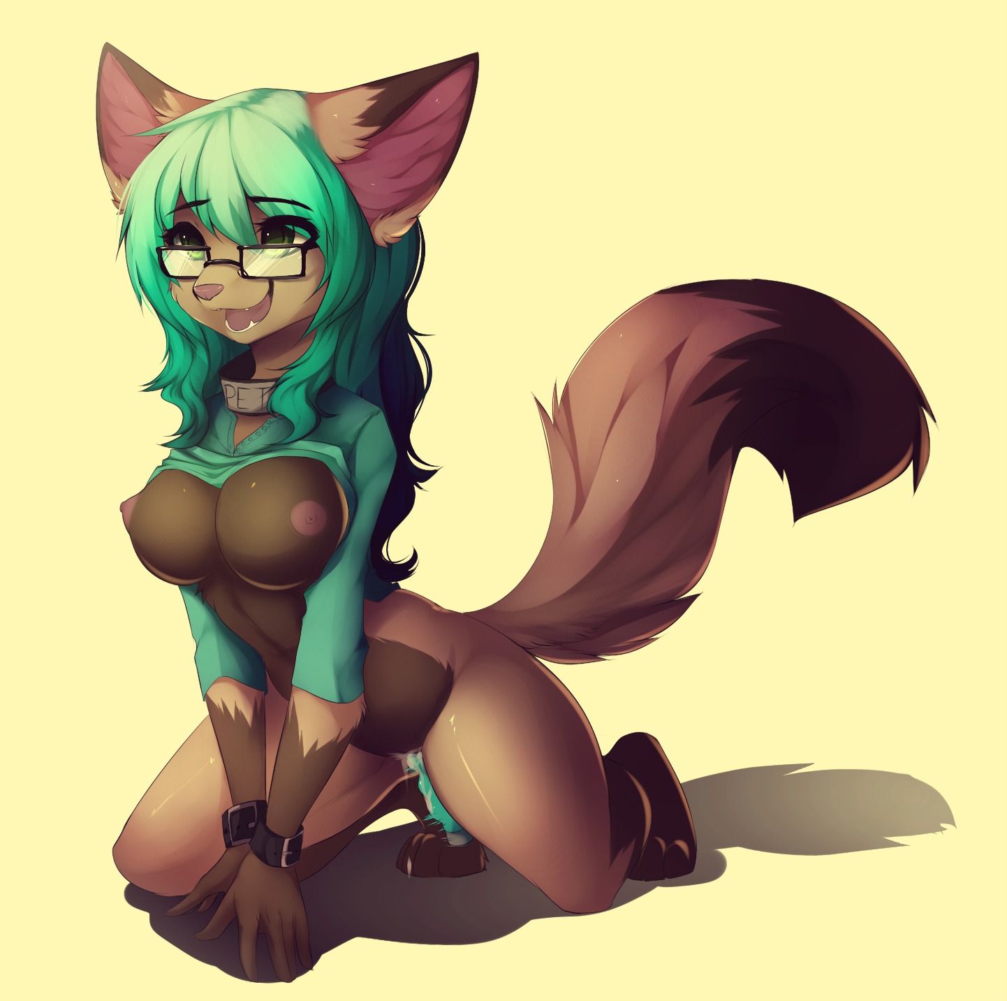 anthro areola bodily_fluids bottomless breasts cleavage clothed clothing collar dildo dildo_sitting domestic_cat e621 eyewear fatima felid feline felis female genital_fluids glasses green_eyes hair hi_res long_hair mammal masturbation messy navel nipples open_mouth penetration sex_toy sex_toy_in_vagina sex_toy_insertion side_boob simple_background smile solo techtile toying_self under_boob vaginal vaginal_fluids vaginal_masturbation vaginal_penetration