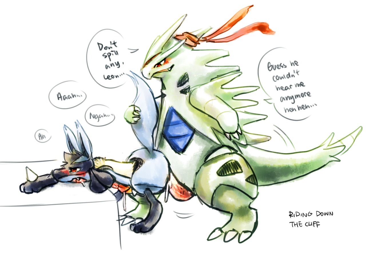 2012 anal anal_sex anthro bandana blush canine cum erection furry gay haychel lucario male nintendo no_humans penetration penis plain_background pokemon pokemon_(species) red_eyes rule34 scalie sex tyranitar white_background