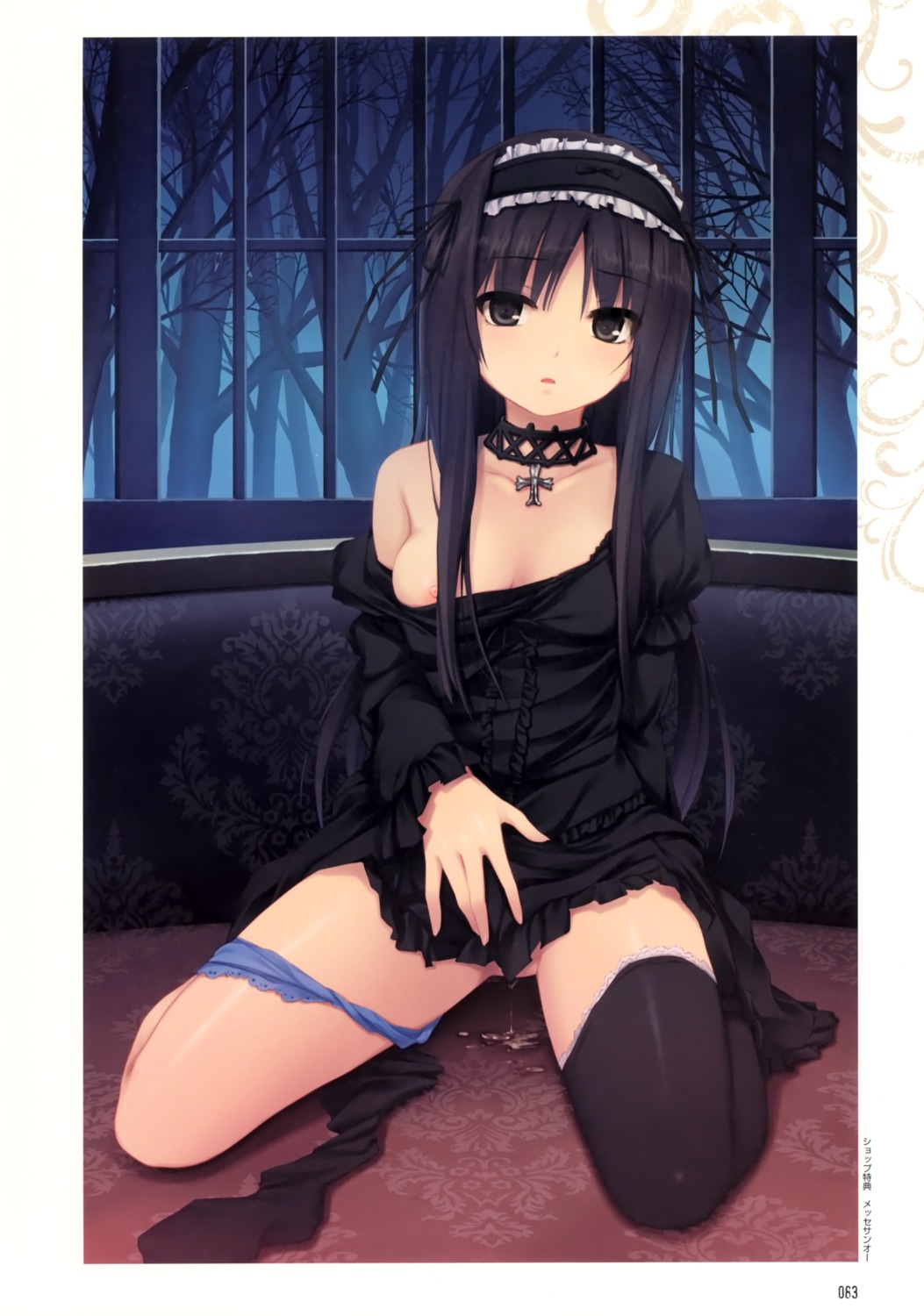1girls black_eyes black_hair black_legwear breasts choker coffee-kizoku cure_girl dress female gothic_lolita headdress highres jewelry kunimura_kotone lolita_fashion long_hair necklace nipple_slip nipples open_mouth panties panties_around_one_leg panty_pull png pussy pussy_juice rule34 single_thighhigh sitting solo thighhighs underwear wariza