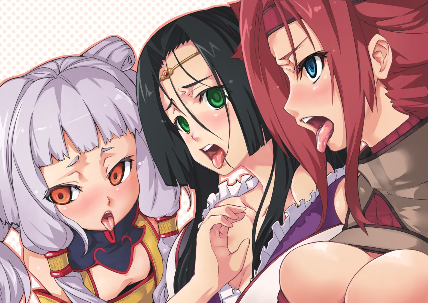 3girls black_hair blue_eyes blush breasts cleavage code_geass empty_eyes female female_only green_eyes headband hijiri kallen_stadtfeld large_breasts long_hair multiple_females multiple_girls open_mouth oppai orange_eyes purple_hair red_hair rule34 short_hair sumeragi_kaguya tianzi