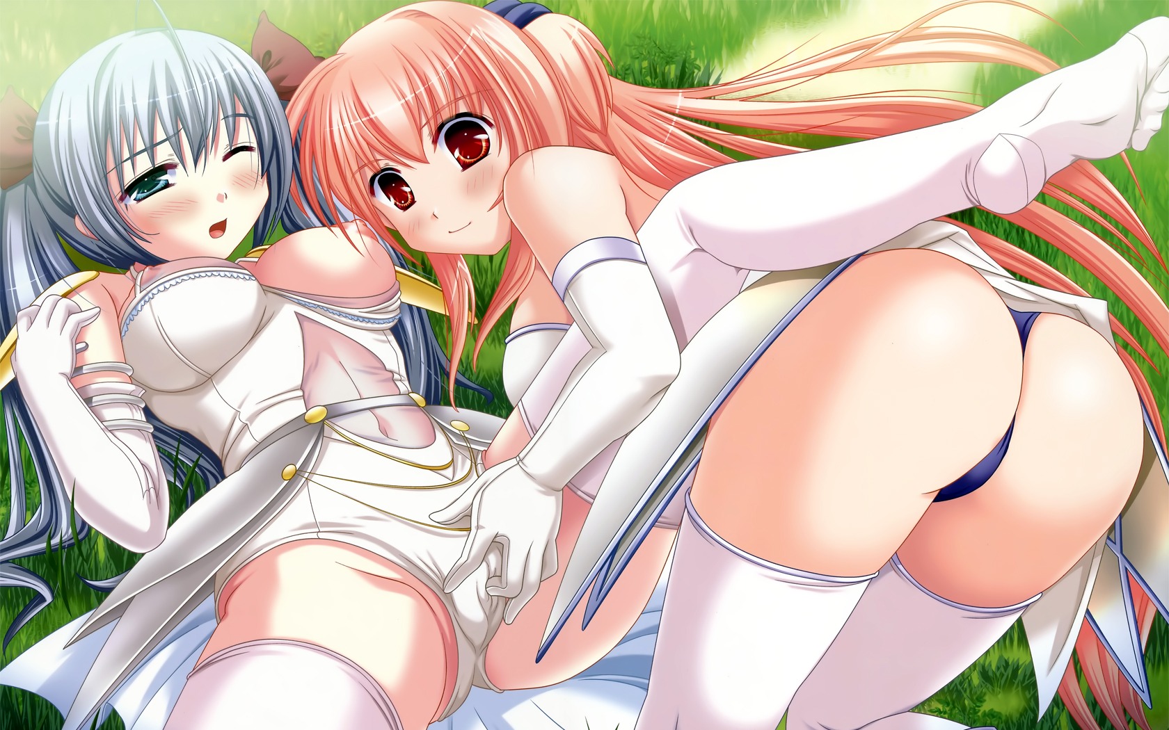 ass blue_hair blush breasts cleavage elbow_gloves female fingering gloves green_eyes multiple_females multiple_girls nipples orange_eyes orange_hair panties red_hair rule34 thighhighs tied_hair twintails underwear yuri