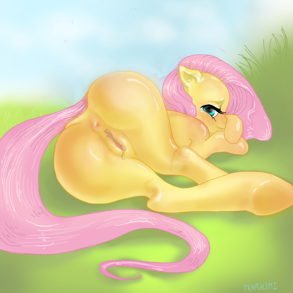 1:1 2014 absurd_res anus bodily_fluids clitoris e621 equid equine female fluttershy_(mlp) friendship_is_magic fur genital_fluids genitals hair hasbro hi_res horse mammal my_little_pony nude outside pink_hair pony simple_background sky solo tenshimi tongue vaginal vaginal_fluids vulva