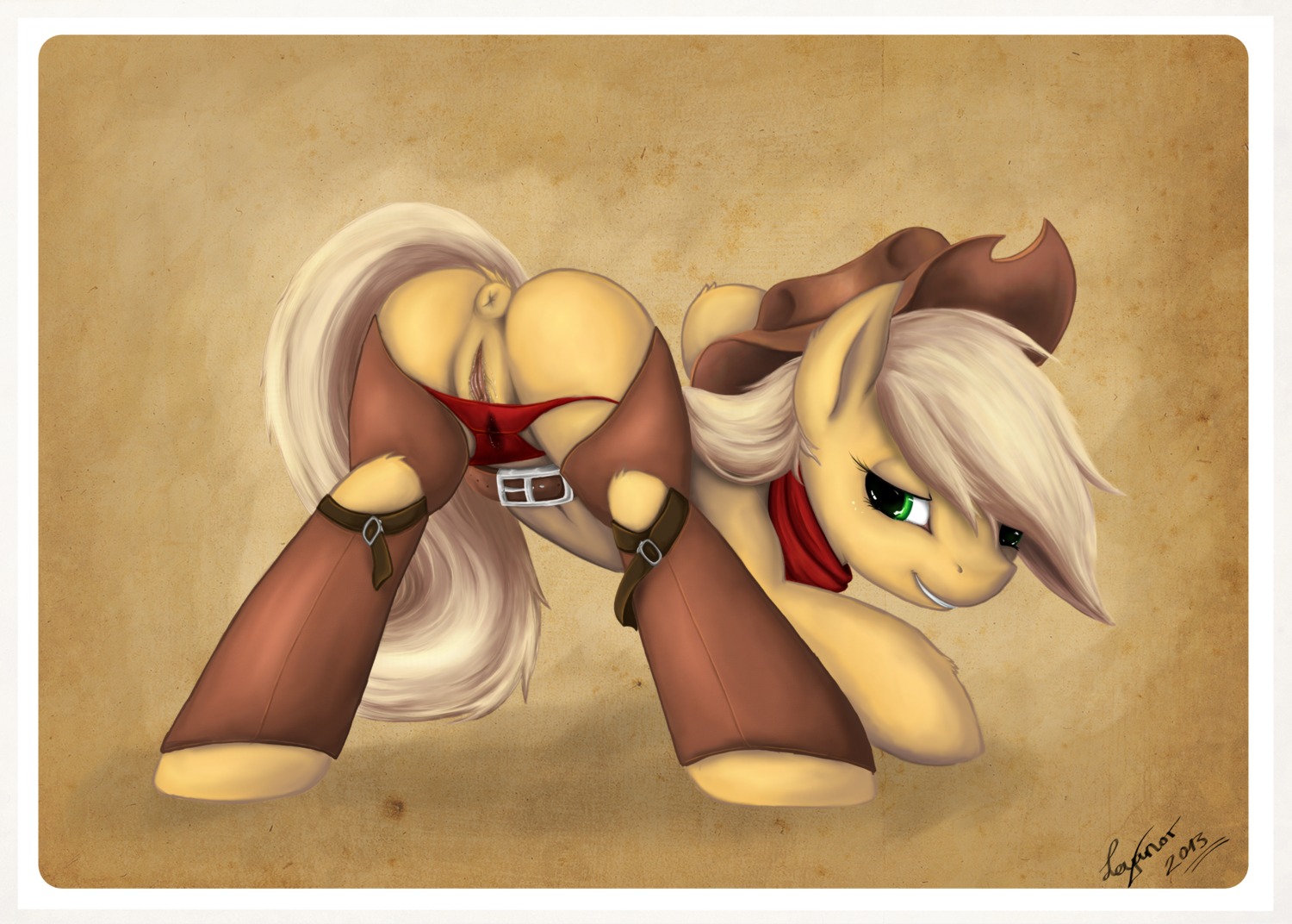 anus applejack_(mlp) ass_up butt chaps clothing e621 earth_pony equid equine female feral friendship_is_magic genitals hasbro hat headgear headwear hi_res horse kerchief leyanor looking_back mammal my_little_pony panties pony presenting presenting_hindquarters presenting_vulva quadruped solo tail underwear vulva