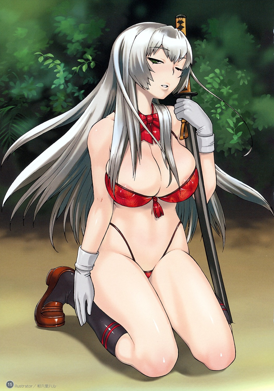 artbook bikini bow breasts chouun_shiryuu cleavage erect_nipples fanbook female gloves green_eyes highleg highleg_bikini highleg_swimsuit highres ikkitousen kneehighs kneeling large_breasts long_hair mizugi naughty_face nipples official_fanbook rule34 scan silver_hair socks swimsuit sword toranoana wamusato_haru weapon wink