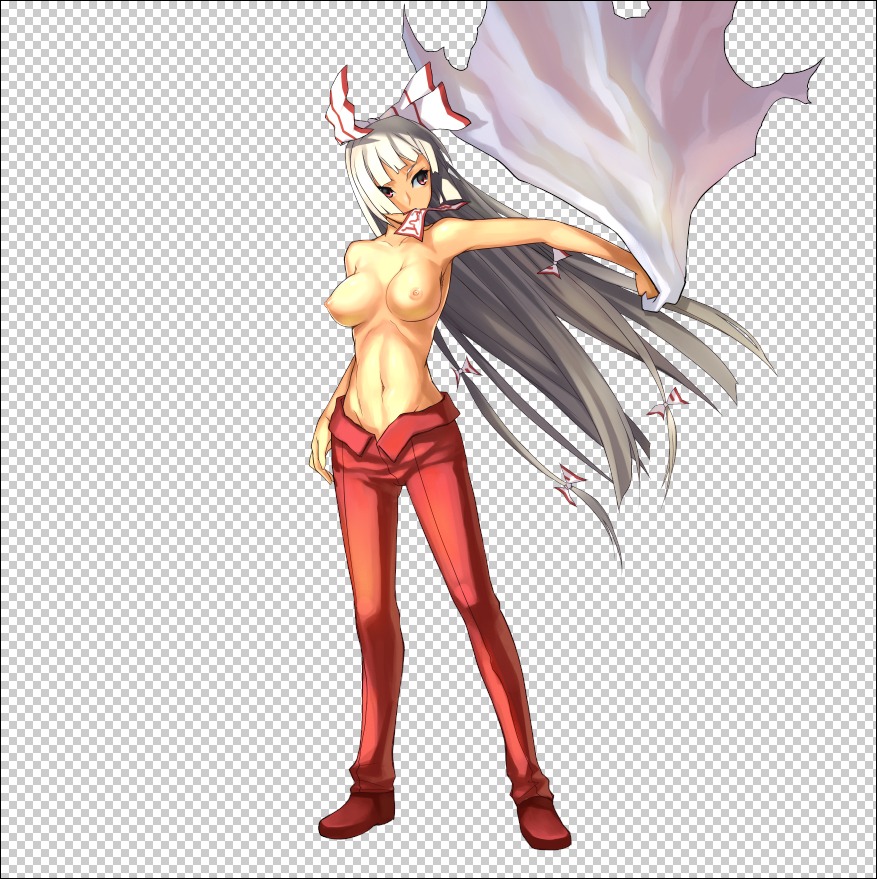 1girls blight_essence bow breasts checkered female fujiwara_no_mokou hairbow long_hair mouth_hold nipples ofuda pants red_eyes rule34 silver_hair solo topless touhou very_long_hair