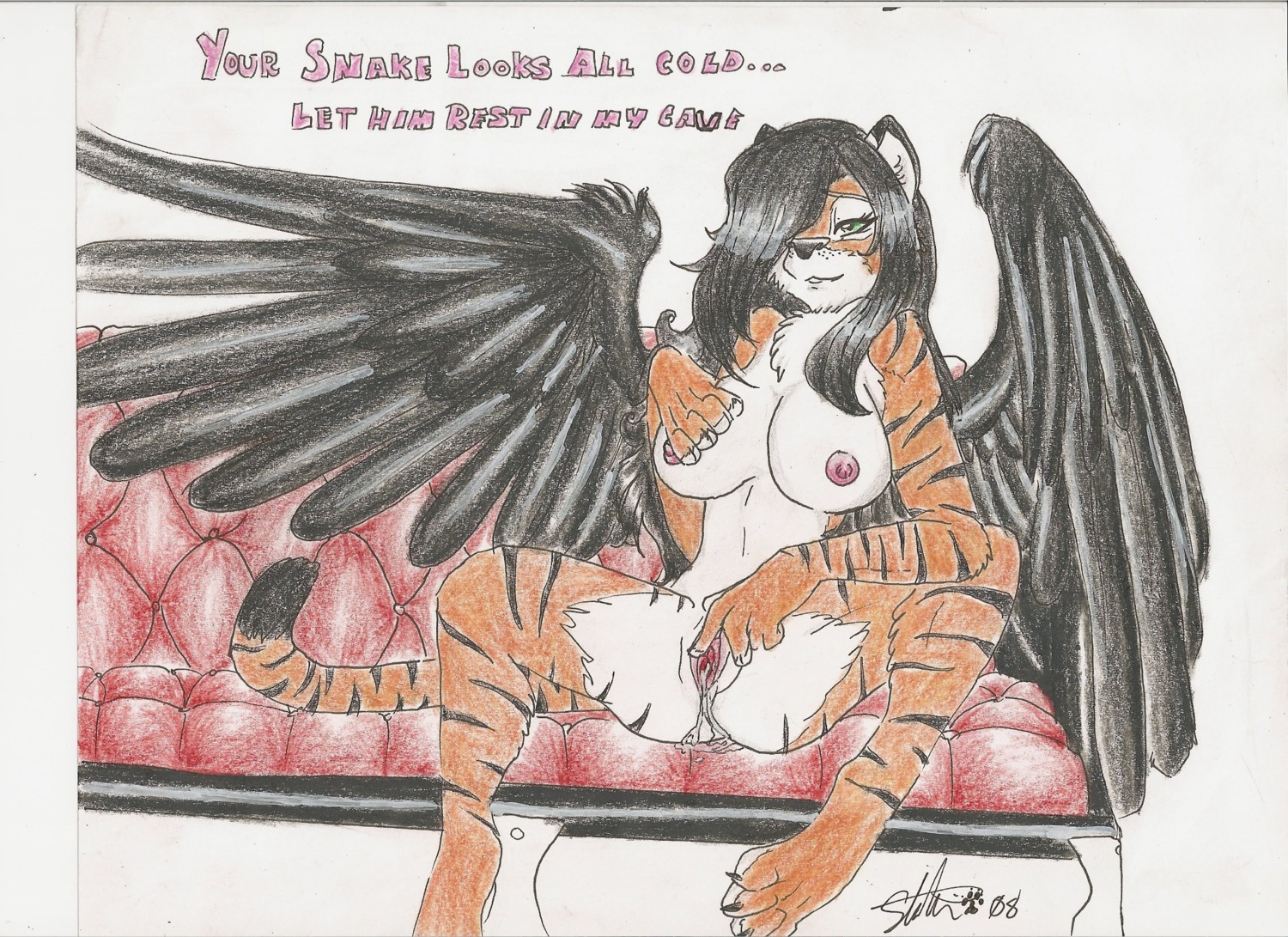 2008 anthro azuka_kazama breasts dark_hair feline female fur furry hair hi_res presenting pussy pussy_juice rule34 sitting sofa spread_legs spreading teasing tiger unknown_artist