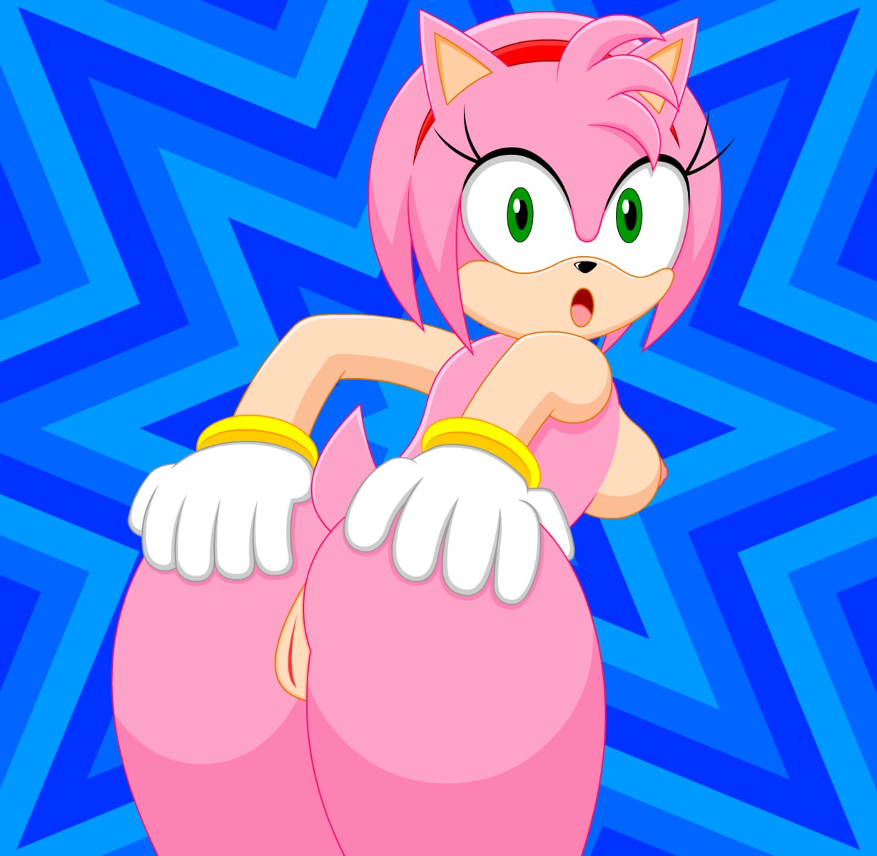 amy_rose anthro breasts butt butt_grab clothing e621 eulipotyphlan female genitals gloves hand_on_butt handwear hedgehog hi_res kaizochan mammal nipples pink_body sega solo sonic_the_hedgehog_(series) vulva