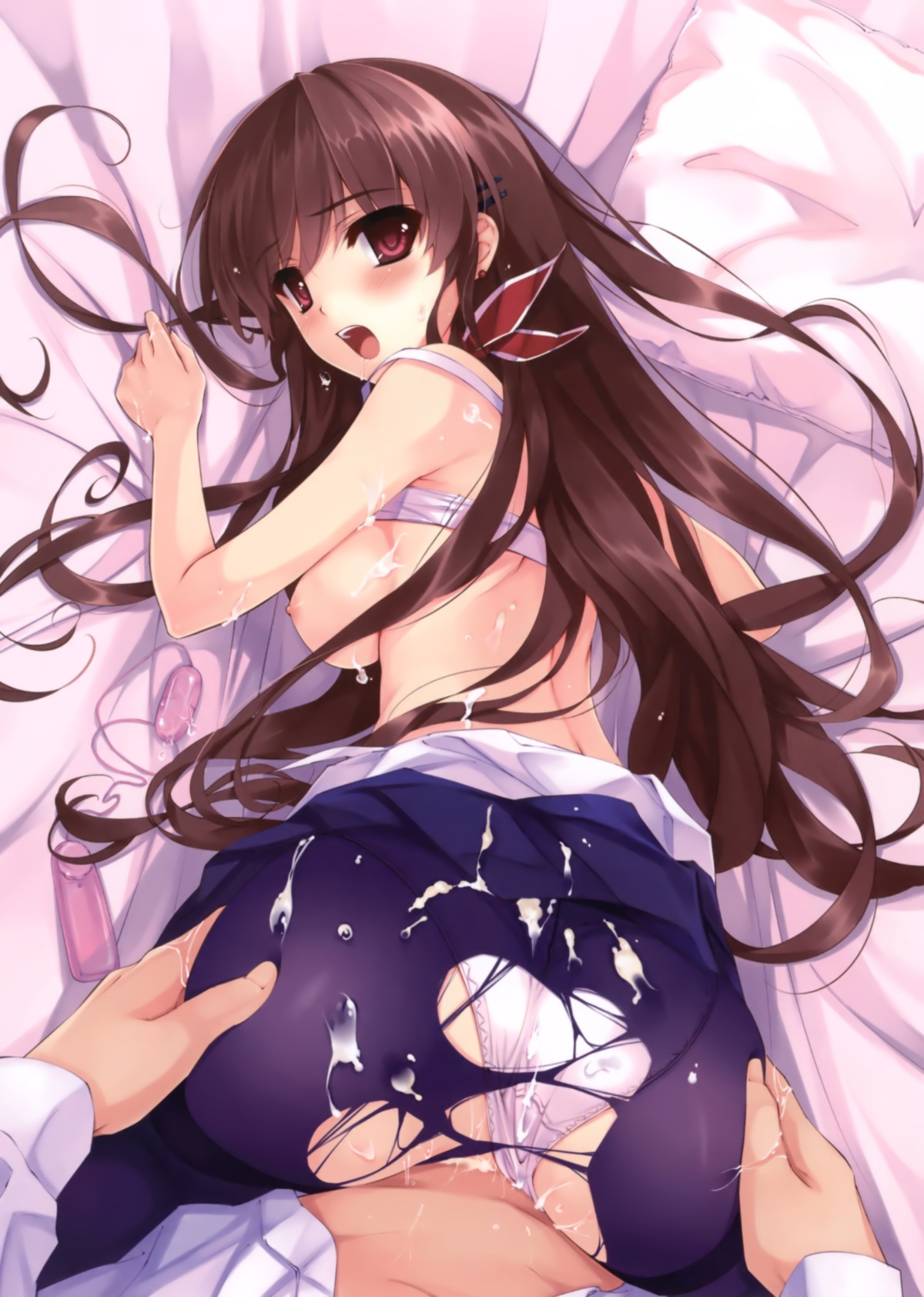 ass ass_grab bed blush bra breasts brown_hair copyright_request cum cum_on_clothes doggy_style female high_resolution lingerie looking_back misaki_kurehito nipples panties panties_aside pantyhose rule34 scan sex torn_pantyhose underwear vibrator