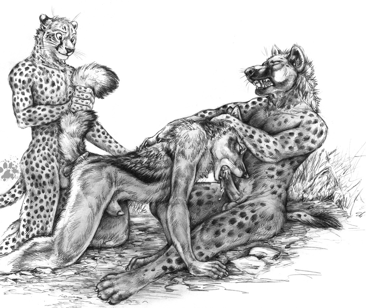 2012 all_fours animal_genitalia animal_penis anthro balls biceps blotch bodily_fluids canid canine canis cheetah claws cum cum_in_mouth cum_inside e621 erection feet felid feline feline_genitalia feline_penis fellatio fur genital_fluids genitals group group_nudity group_sex hand_on_back hand_on_head hindpaw hot_dogging hyena interspecies jackal kneeling lipsticking male male/male male_penetrated male_penetrating male_penetrating_male mammal markings monochrome muscular nude nude_anthro nude_male open_mouth oral oral_penetration orgasm paws pecs penetration penile penile_spines penis penis_tip raised_tail scratches_volume_6 sex sheath simple_background sitting spitroast spots spotted_body spotted_fur spotted_hyena tail tail_grab teeth threesome toe_claws traditional_media_(artwork) trio whiskers white_background