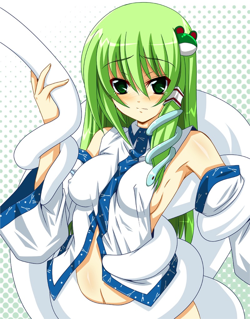 blush breasts consensual_tentacles detached_sleeves erect_nipples female frog fumihiro green_eyes green_hair long_hair nipples no_bra rule34 sanae_kochiya sideboob snake tear tentacle touhou