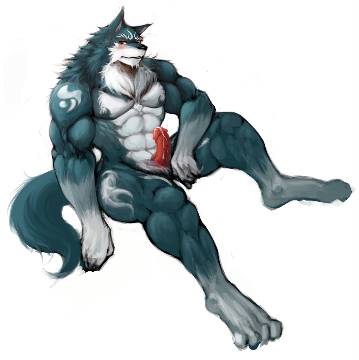 2013 abs animal_genitalia anthro athletic balls barazoku biceps big_muscles biped black_nose blue_body blue_fur blush bodily_fluids canid canine canis cum cum_string e621 erection fur genital_fluids genitals grey_body grey_fur hi_res humanoid_genitalia humanoid_penis istani leaking looking_at_viewer male mammal muscular muscular_anthro muscular_male nude pecs penis pose precum presenting red_eyes red_penis sheath simple_background sitting solo vein white_background white_body white_fur wolf