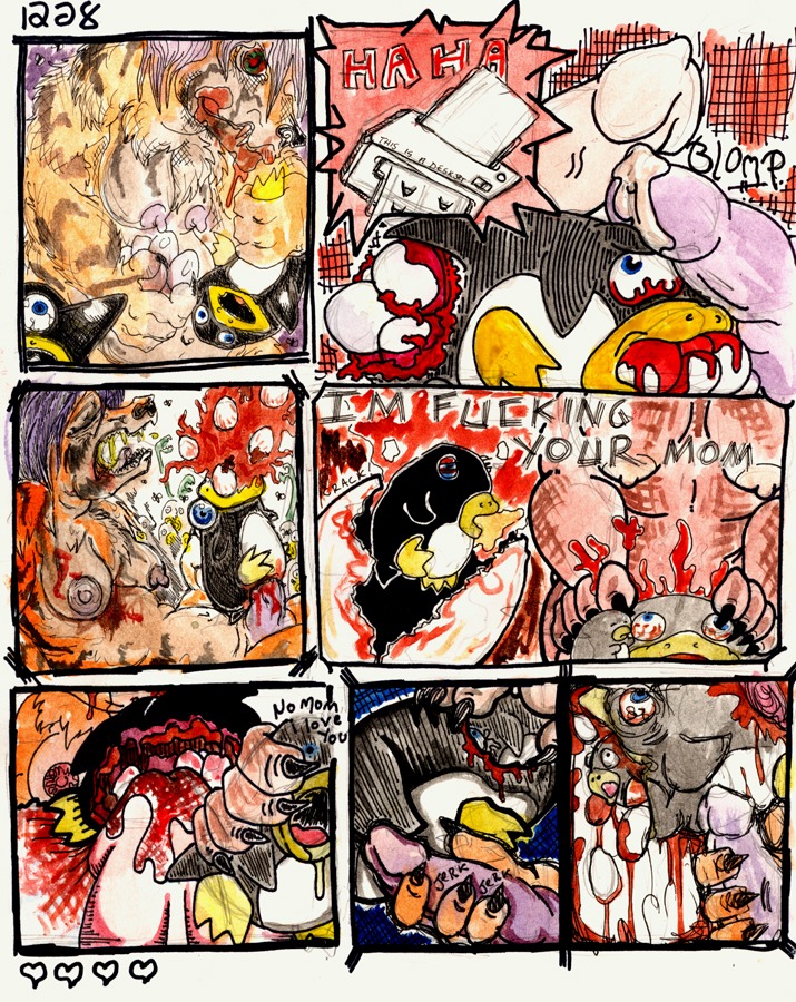 anthro avian beak bird bitchsplitter bloodshot_eyes breasts death e621 erection gaping genitals gore gore_focus grotesque_death group herm humor intersex jessup marker_(artwork) nipples non-mammal_breasts non-mammal_nipples penguin penis snuff traditional_media_(artwork) vore what