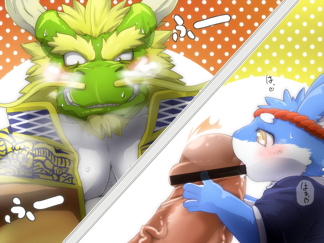 anthro asian_mythology biceps big_penis blush censor_bar censored clothed clothing debirobu dragon duo e621 east_asian_mythology eastern_dragon erection fur furred_dragon furred_scalie genitals glans green_body humanoid_genitalia humanoid_penis ineffective_censorship lagomorph larger_male leporid licking male male/male male_penetrated male_penetrating male_penetrating_male mammal mature_anthro mature_male muscular muscular_male mythological_creature mythological_scalie mythology oral pattern_background penetration penile penis penis_lick rabbit scalie sex simple_background size_difference smaller_male text tongue tongue_out translated vein whiskers white_body white_fur