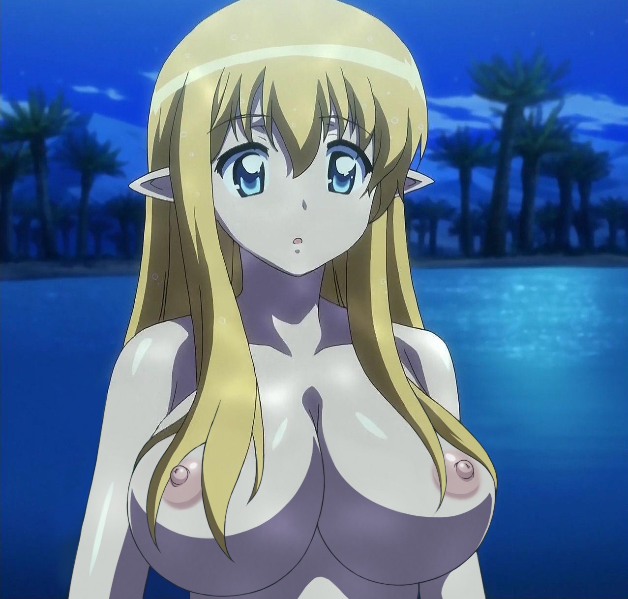 anime_style blonde_hair breasts elf female front_view highres large_breasts long_hair nipples nude nude_filter pointy_chin pointy_ears rule34 tiffania_westwood zero_no_tsukaima