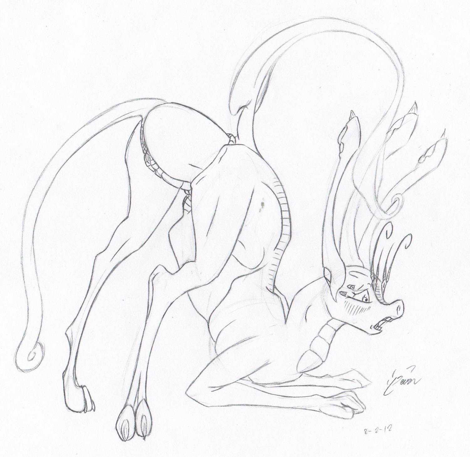 2012 anal anal_penetration anal_vore antennae_(anatomy) anus blush butt deep_penetration duo e621 female feral genitals hi_res magnificent-arsehole penetration qu'eii raised_tail scalie simple_background sketch tail tentacles traditional_media_(artwork) unwilling_pred vore vulva