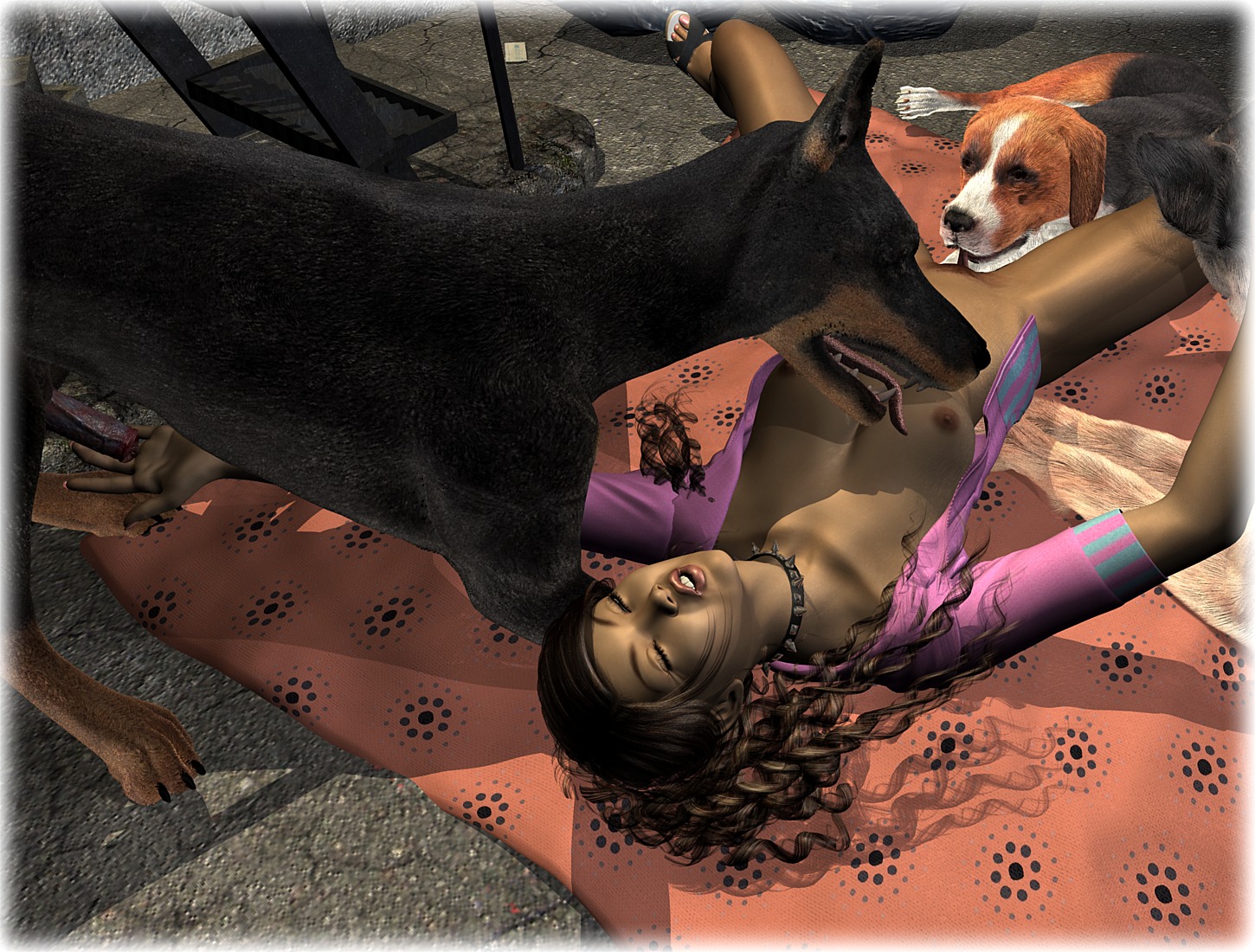 3d_(artwork) alley animal_genitalia animal_penis bag beagle bedding bestiality blanket bottomless bottomless_female bottomless_human breast_lick breast_play breasts canid canine canine_genitalia canine_penis canis clothed clothing cunnilingus darksoul digital_media_(artwork) dobermann domestic_dog e621 erection eyes_closed female female_human female_on_feral feral fire_escape floppy_ears footwear foursome genitals german_shepherd group group_sex herding_dog high_heels human human_on_feral hunting_dog interspecies licking lying male male/female mammal nipples nude on_back open_mouth oral pastoral_dog penis pinscher pubes realistic_feral scent_hound sex shoes stephanie_(darksoul) tongue trash_bag vaginal