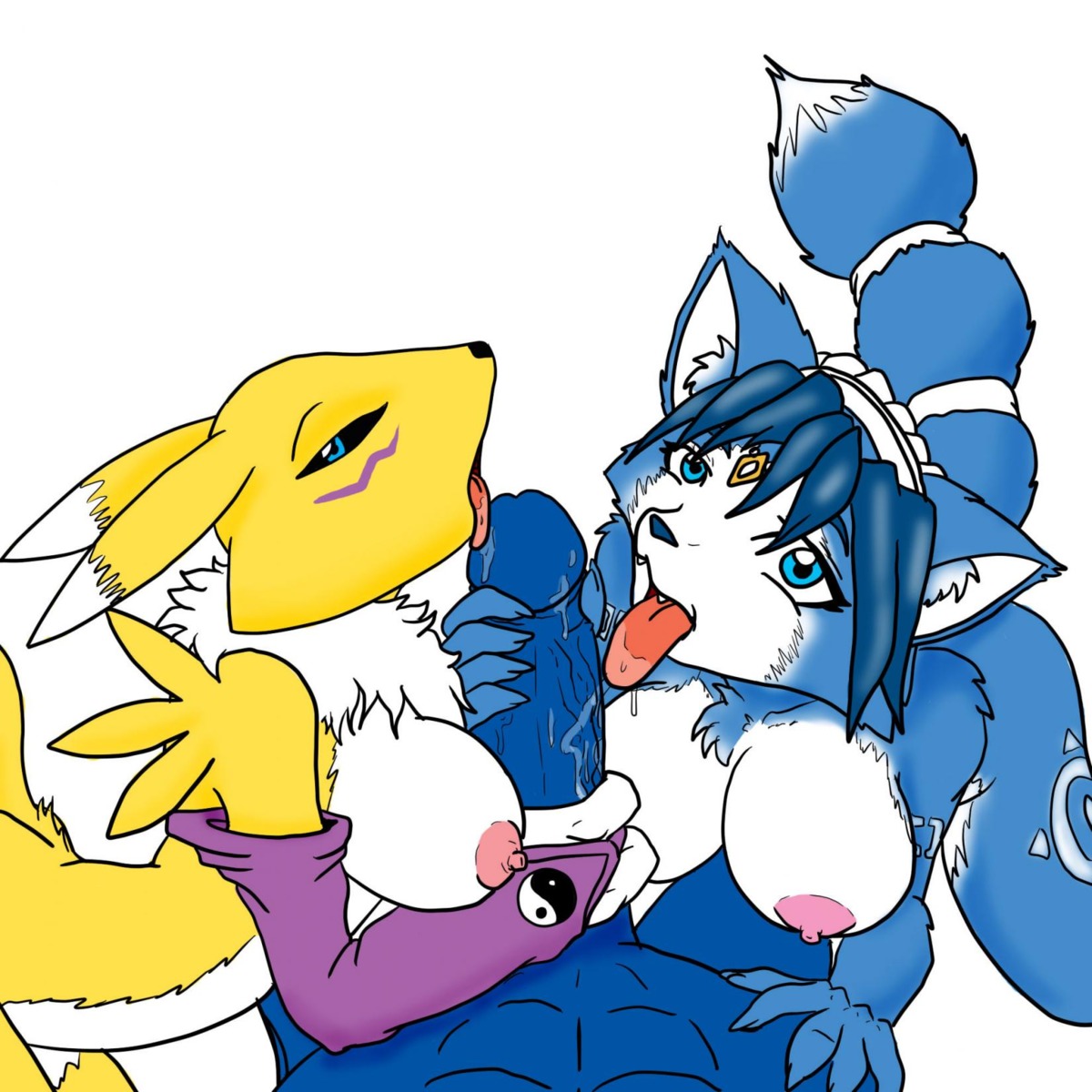 1:1 abs anthro anthro_on_anthro areola bandai_namco big_breasts black_sclera blue_body blue_eyes blue_fur blue_hair bodily_fluids breasts canid canine collaborative collaborative_fellatio collaborative_oral collaborative_sex countershading crossover digimon digimon_(species) drooling e621 erect_nipples erection facial_markings fellatio female fox fur genitals group hair handjob head_markings hi_res humanoid_genitalia humanoid_penis krystal_(star_fox) licking looking_at_viewer male male/female mammal markings multicolored_body multicolored_fur nintendo nipples open_mouth oral penile penis penis_lick renamon saliva saliva_on_penis saliva_on_tongue sex slashysmiley star_fox tail teeth tongue tongue_out two_tone_body two_tone_fur vein white_body white_fur yellow_body yellow_fur yellow_tail yin_yang