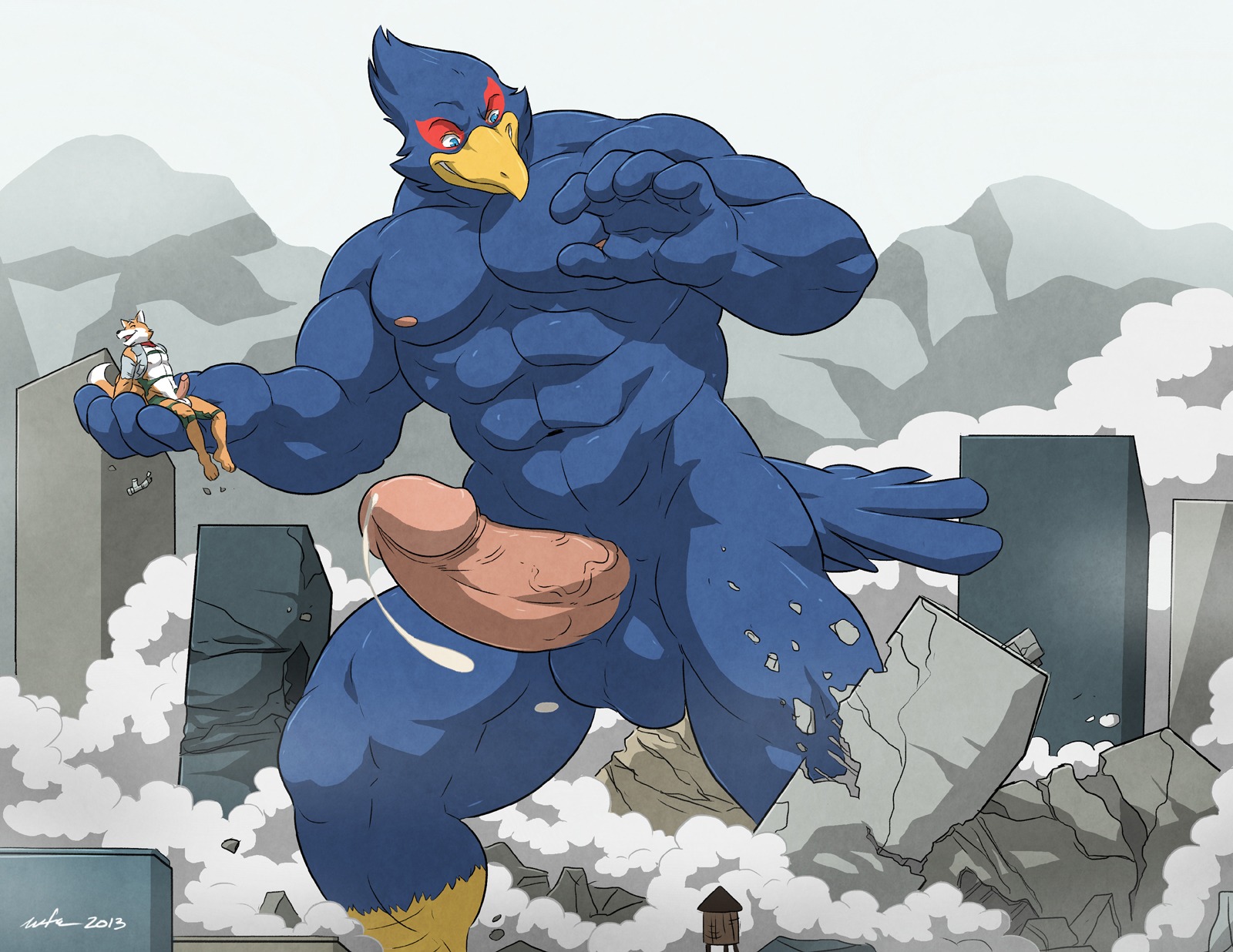 abs animal_genitalia anthro athletic avian balls beak biceps big_muscles big_penis bird blue_body blue_eyes blue_feathers bodily_fluids body_size_growth bottomwear brown_body brown_fur canid canine carrying_another clothed clothing cum cum_string destruction duo e621 erection falco_lombardi feathers fox fox_mccloud fur genital_fluids genitals glans grin growth_sequence hair hi_res holding_character humanoid_genitalia humanoid_penis jacket kerchief larger_male leaking macro male male/male mammal muscular muscular_male nintendo nipples nude open_clothing open_shirt open_topwear orange_body orange_fur pants pecs penis pose precum presenting shirt size_difference size_transformation smaller_male smile standing star_fox tail tail_feathers teeth thick_penis topwear torn_clothing transformation vein veiny_penis wfa white_body white_fur white_hair