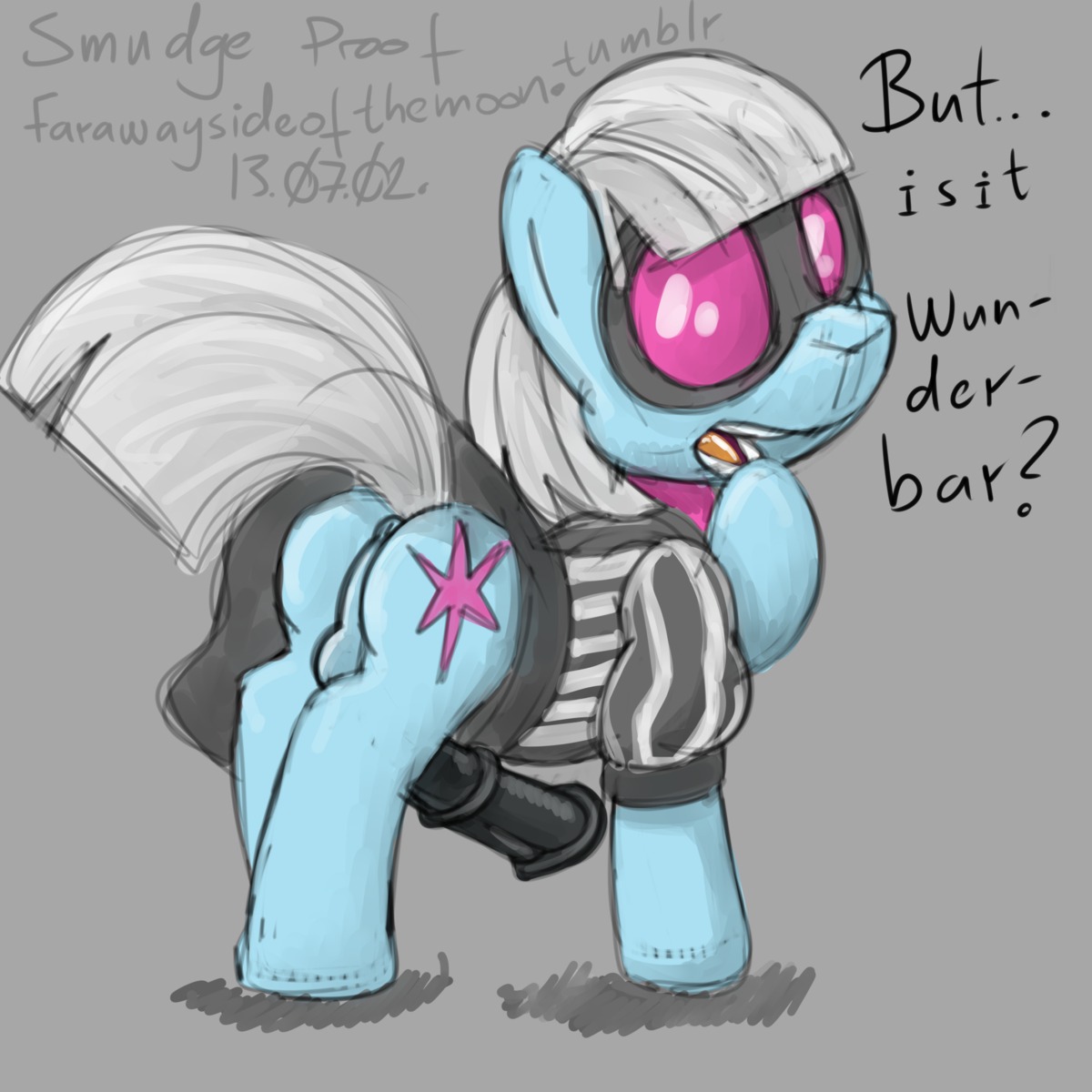 1:1 animal_genitalia animal_penis anus backsack balls blouse blue_body blue_fur bottomless bottomwear butt clothed clothing cutie_mark dialogue digital_media_(artwork) e621 earth_pony english_text equid equine equine_genitalia equine_penis erection eyewear feral friendship_is_magic fur genitals glasses gynomorph hair hasbro hi_res horse intersex looking_at_viewer mammal my_little_pony open_mouth penis photo_finish_(mlp) pony simple_background sketch skirt smudge_proof solo text topwear white_hair
