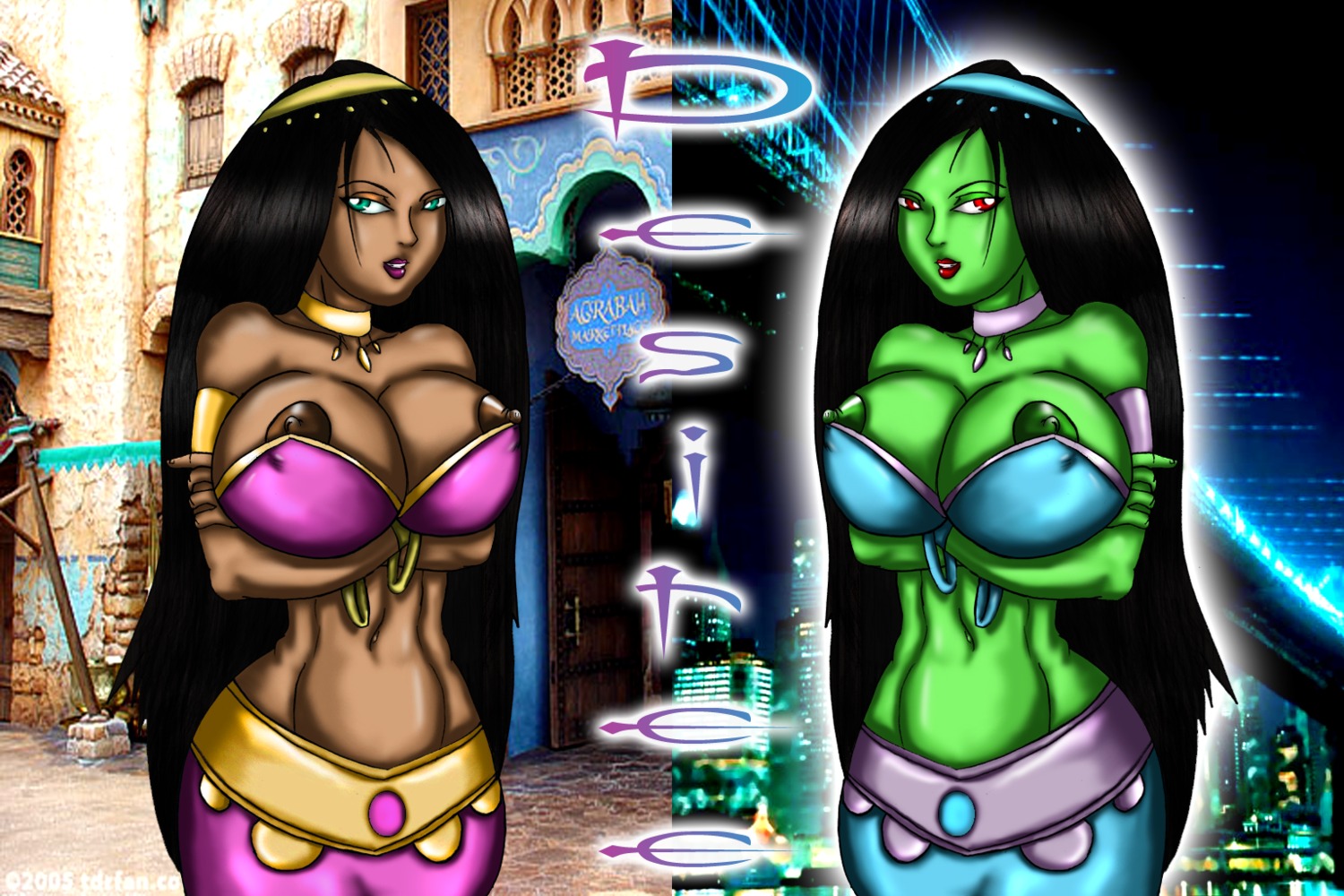 alternate_persona arabian_clothes areola_slip areolae before_and_after black_hair breasts danny_phantom dark-skinned_female dark_hair dark_skin desiree desiree_(human) erect_nipples female genie ghost ghost_girl green_eyes green_skin harem_outfit human long_hair navel nipple_slip nipples purple_lips purple_lipstick red_eyes red_lips red_lipstick rule34 supernatural