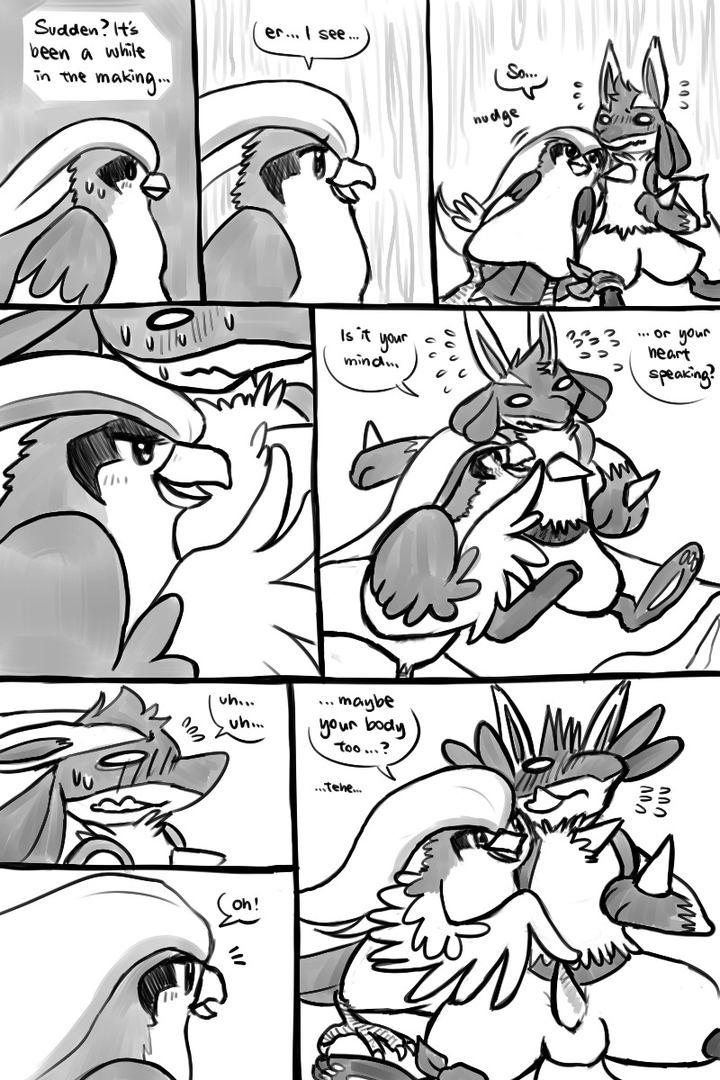 2012 anthro avian black_and_white canine comic english_text erection female feral haychel lucario male monochrome nintendo penis pidgeot pokemon pokemon_(species) rule34 straight text