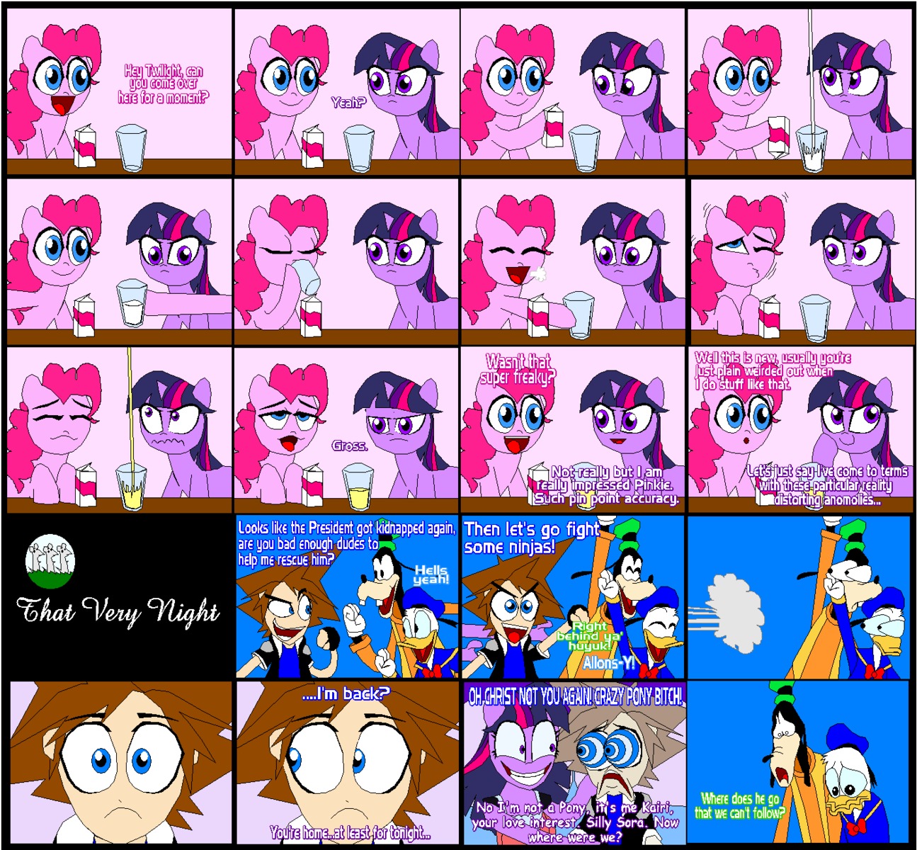 2011 anatid anseriform anthro avian bird blue_eyes bodily_fluids brown_body brown_fur canid canine canis comic container crossover cup dialogue disney domestic_dog donald_duck duck e621 earth_pony english_text equid equine female feral friendship_is_magic fur genital_fluids goofy_(disney) group hair hasbro hi_res horn horse human kingdom_hearts male mammal multicolored_hair my_little_pony mythological_creature mythological_equine mythology peeing pink_body pink_fur pink_hair pinkie_pie_(mlp) pony purple_body purple_eyes purple_fur purple_hair rape_face sora_(kingdom_hearts) square_enix text twilight_sparkle_(mlp) two_tone_hair tyrranux unicorn urine watersports white_body