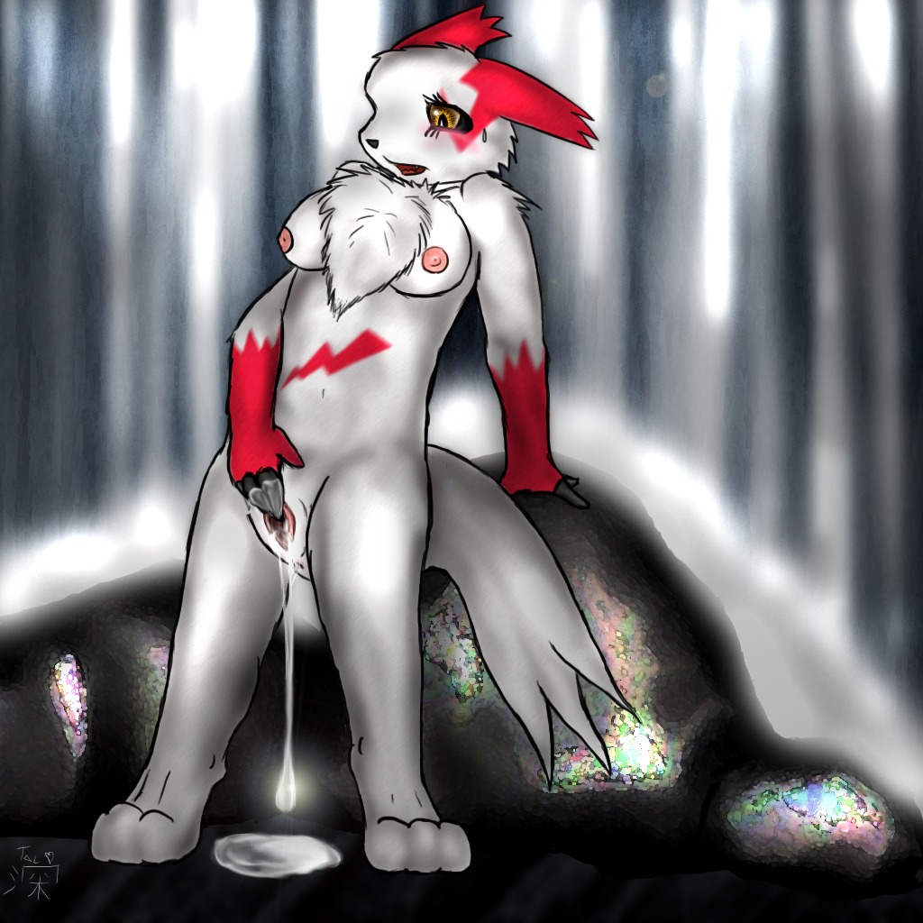 1:1 anthro anthrofied anus bodily_fluids breasts chest_tuft cum detailed_background e621 female forest fur generation_3_pokemon genital_fluids genitals markings masturbation nintendo nipples non-mammal_nipples outside plant pokemon pokemon_(species) pokemorph red_markings solo tail tree tuft unknown_artist vaginal vaginal_masturbation vulva white_body white_fur wood zangoose