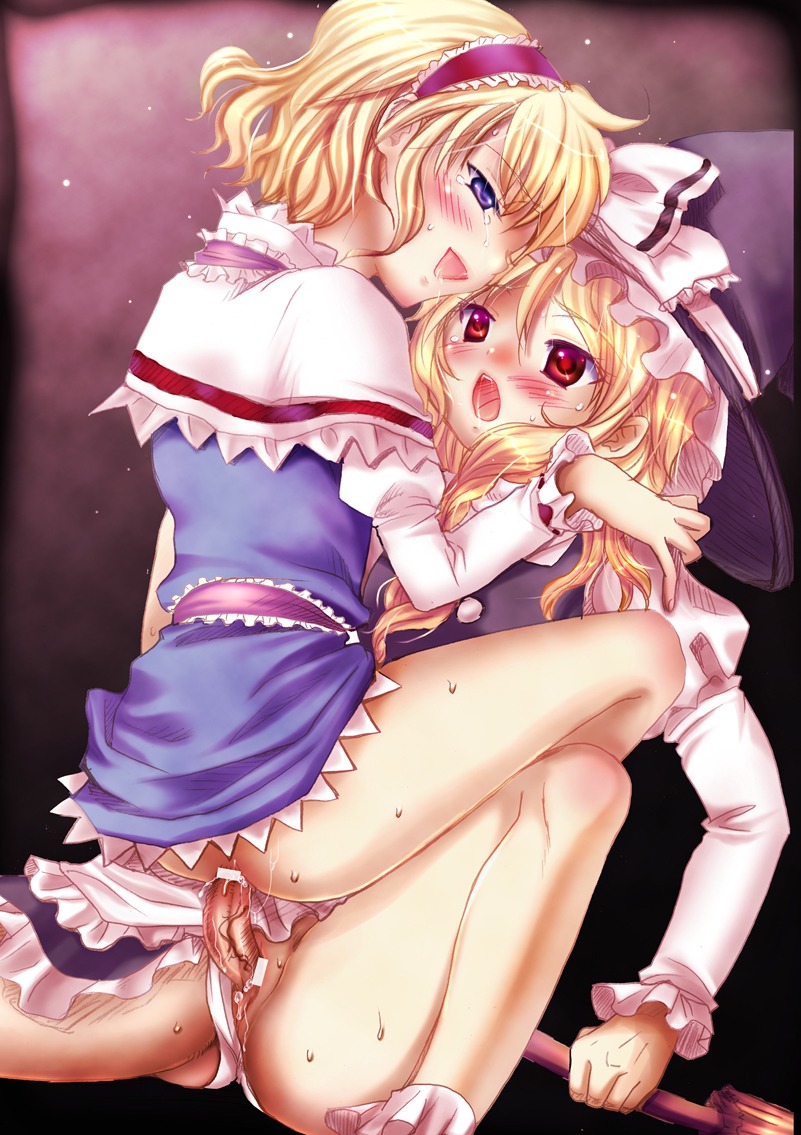 1futa 1girls alice_margatroid blonde_hair blue_eyes blush bottomless broom brown_eyes capelet censored female futa_on_female futa_with_female futanari hat intersex marisa_kirisame motatei multiple_females multiple_girls no_panties panties panties_aside penis red_eyes rule34 sitting touhou underwear upright_straddle white_panties witch_hat