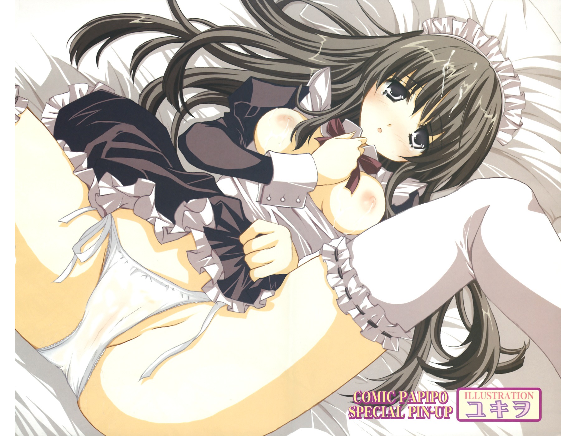 1girls black_hair blush breasts copyright_request cum cum_on_hair female framed_breasts garters highres long_hair looking_at_viewer lying maid nipples on_back open_mouth panties rule34 shirt_pull side-tie_panties solo spread_legs thighhighs underwear white_legwear white_panties white_thighhighs yukiwo
