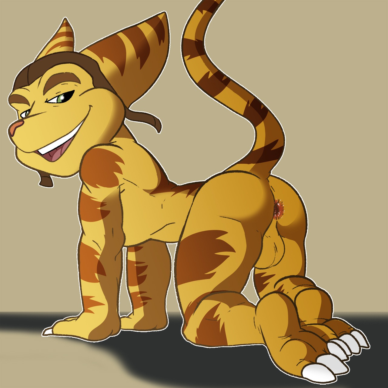 1:1 all_fours anthro anus backsack balls butt clothing e621 feet gaping gaping_anus genitals green_eyes hat headgear headwear hi_res hindpaw jerseydevil lombax looking_at_viewer male mammal paws presenting ratchet_(ratchet_and_clank) ratchet_and_clank simple_background solo sony_corporation sony_interactive_entertainment stripes