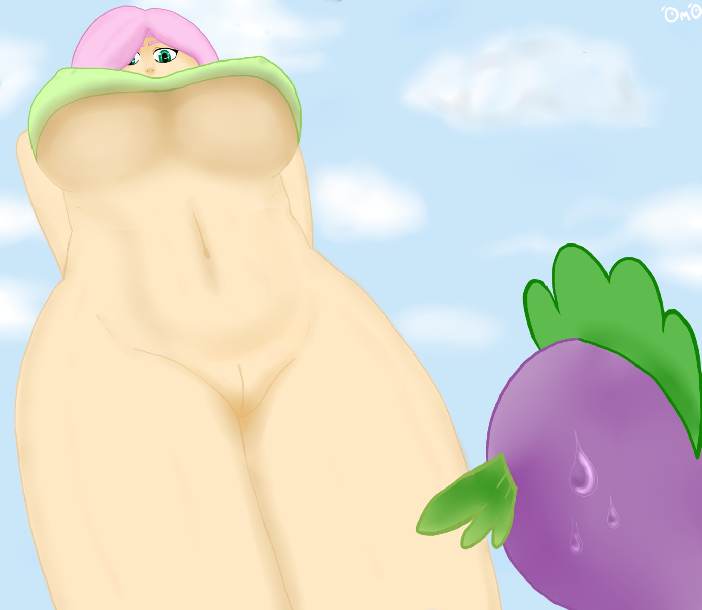 alternate_species bodily_fluids bottomless breasts clothed clothing cloud day dragon duo e621 erect_nipples female fluttershy_(mlp) friendship_is_magic genitals green_eyes hair hands_behind_back hasbro hi_res human humanized mammal my_little_pony mythological_creature mythological_scalie mythology navel nipples omolonuem outside pink_hair scalie shirt sky skyscape spike_(mlp) sweat topwear vulva