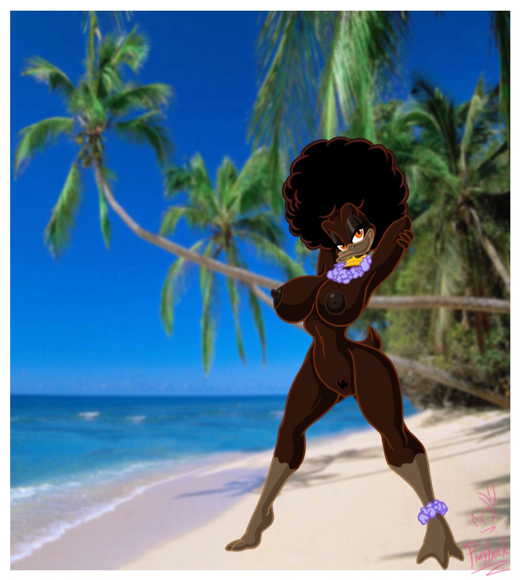 2011 afro anatid anseriform anthro avian beach beak big_breasts bird black_coded border breasts duck e621 female front_view genitals looking_at_viewer lordstevie nipples non-mammal_breasts non-mammal_nipples nude nude_beach outside palm_tree plant pose pubes sea seaside sky solo tree vulva water white_border wood