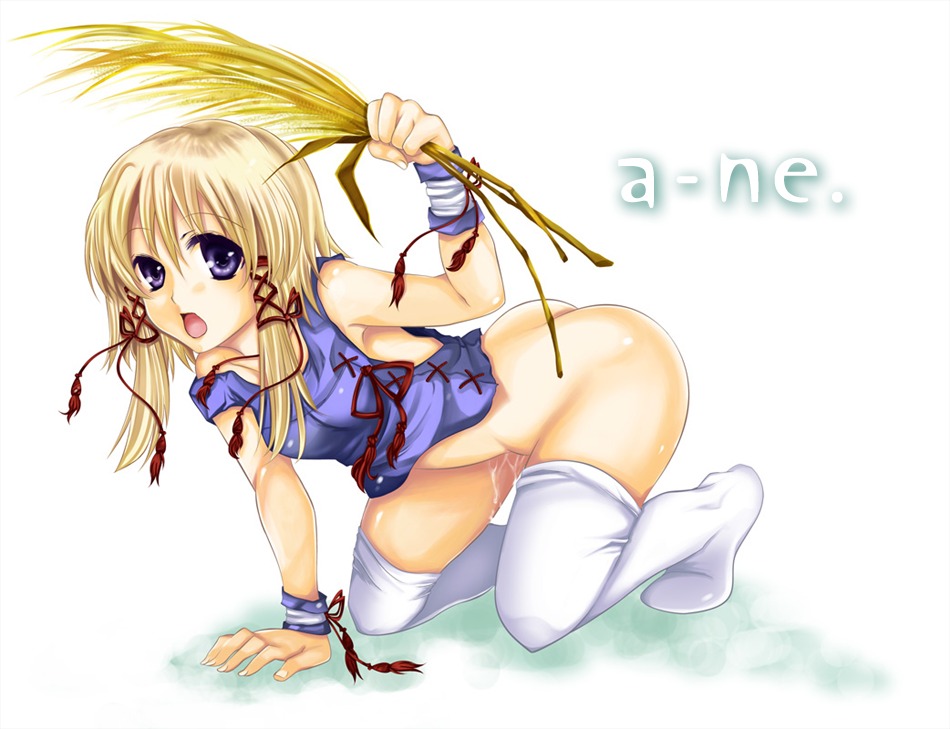1girls blonde_hair blue_eyes bottomless female hair_ribbon hoozuki_shia no_panties purple_eyes pussy pussy_juice ribbon rule34 solo suwako_moriya thighhighs touhou white_legwear white_thighhighs