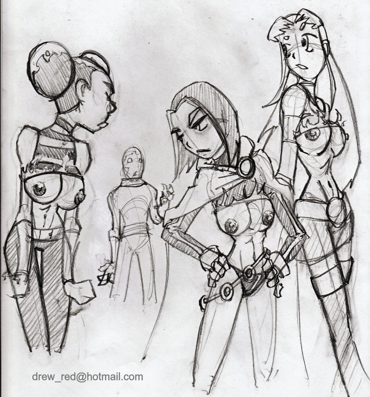 3girls bumblebee_(dc) dc dc_comics female hotspot karen_beecher monochrome multiple_females multiple_girls nipples raven_(dc) reddrew rule34 sketch starfire straight_hair teen_titans