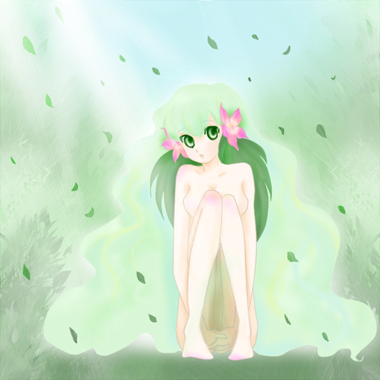 barefoot beige_skin breasts color day female female_only flower front_view green_eyes green_hair hair hair_flower humanized humanized_pokemon long_hair looking_at_viewer nude open_eyes outdoors pokemon pokemon_(species) rule34 shaymin sitting solo