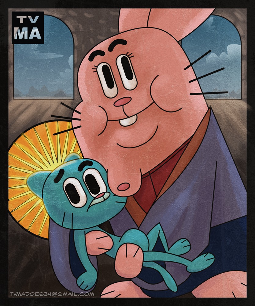 2boys anthro blue_body blue_fur blue_skin cartoon_network completely_naked completely_nude domestic_cat father feline furry gumball_watterson lagomorph male male_focus male_only moobs naked naked_male nude nude_male pink_body pink_fur pink_skin rabbit religion richard_watterson rule34 smile smiling son the_amazing_world_of_gumball tvma what