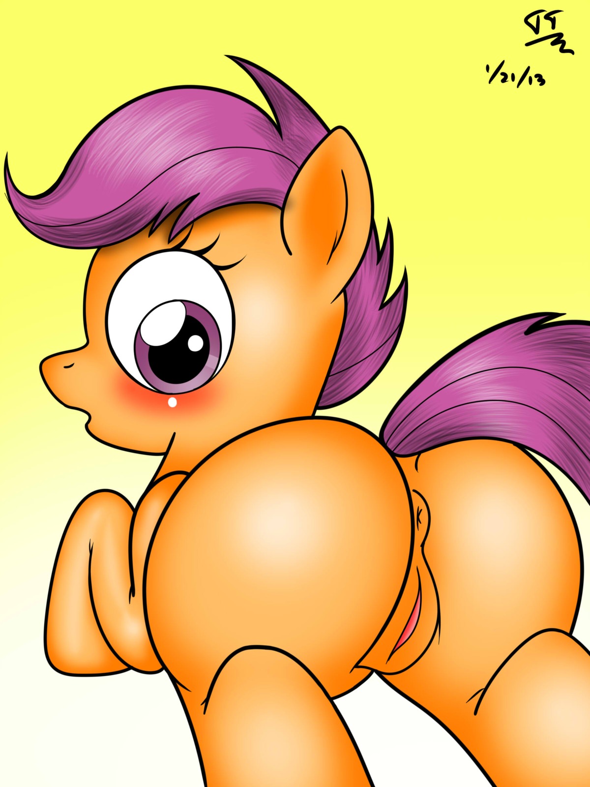 2013 3:4 absurd_res anus blush butt e621 equid equine female feral friendship_is_magic fur genitals hair hasbro hi_res horse looking_back mammal my_little_pony orange_body orange_fur pony purple_eyes purple_hair scootaloo_(mlp) simple_background solo tomtornados vulva yellow_background young young_feral