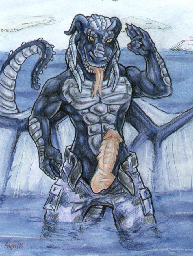 2011 abs anthro balls balorkin belt biceps biped blue_body blue_skin bottomwear claws clothed clothing dragon e621 erection fangs genitals grey_body grey_skin male muscular muscular_anthro muscular_male mythological_creature mythological_scalie mythology open_mouth pants pecs penis pose presenting reptile scales scalie solo standing tail teeth tongue tongue_out topless water wet yellow_eyes