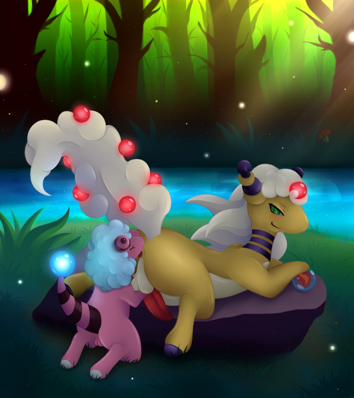 2014 anal anthro anus backsack balls barefoot blush butt detailed_background duo e621 erection eyes_closed feet female female_rimming_male flaaffy forest generation_2_pokemon generation_6_pokemon genitals glowing hair half-closed_eyes happy hi_res larger_male licking long_hair looking_back lying male male/female male_penetrated male_rimmed marble mega_ampharos mega_evolution meraence narrowed_eyes nature night nintendo nude on_front oral orb outside penetration penis plant pokemon pokemon_(species) rimming river sex sitting size_difference smaller_female smile tongue tongue_out tree vulva water yellow_body yellow_skin