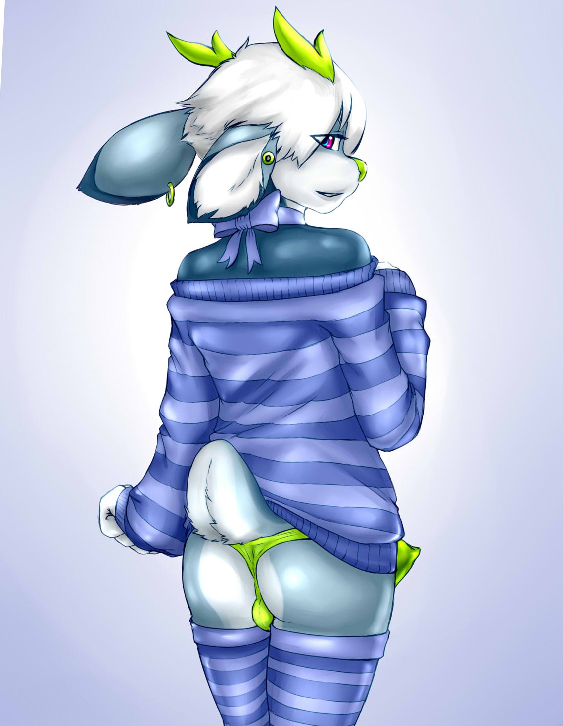 2013 antlers bioluminescence bulge bungalope clothed clothing crossdressing detailed_bulge digital_media_(artwork) e621 ear_piercing erection erection_under_clothing femboy genital_outline genitals glowing heterochromia hi_res horn hybrid jackalope lagomorph legwear looking_at_viewer male mammal paint_tool_sai_(artwork) panties penis penis_outline piercing raineshadowpaw raised_tail rear_view ribbons solo stockings sweater tail tenting topwear underwear
