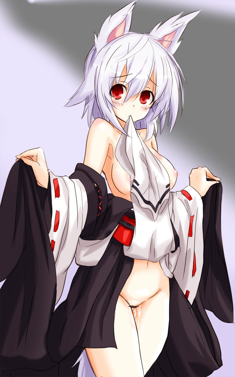1girls alternate_costume animal_ears bare_shoulders blush breasts censored detached_sleeves female fur highres kourindou_tengu_costume momiji_inubashiri mound_of_venus mouth_hold nipples pussy pussy_juice red_eyes rule34 silver_hair solo tail topless touhou wide_sleeves wolf_ears wolf_tail yu-ves
