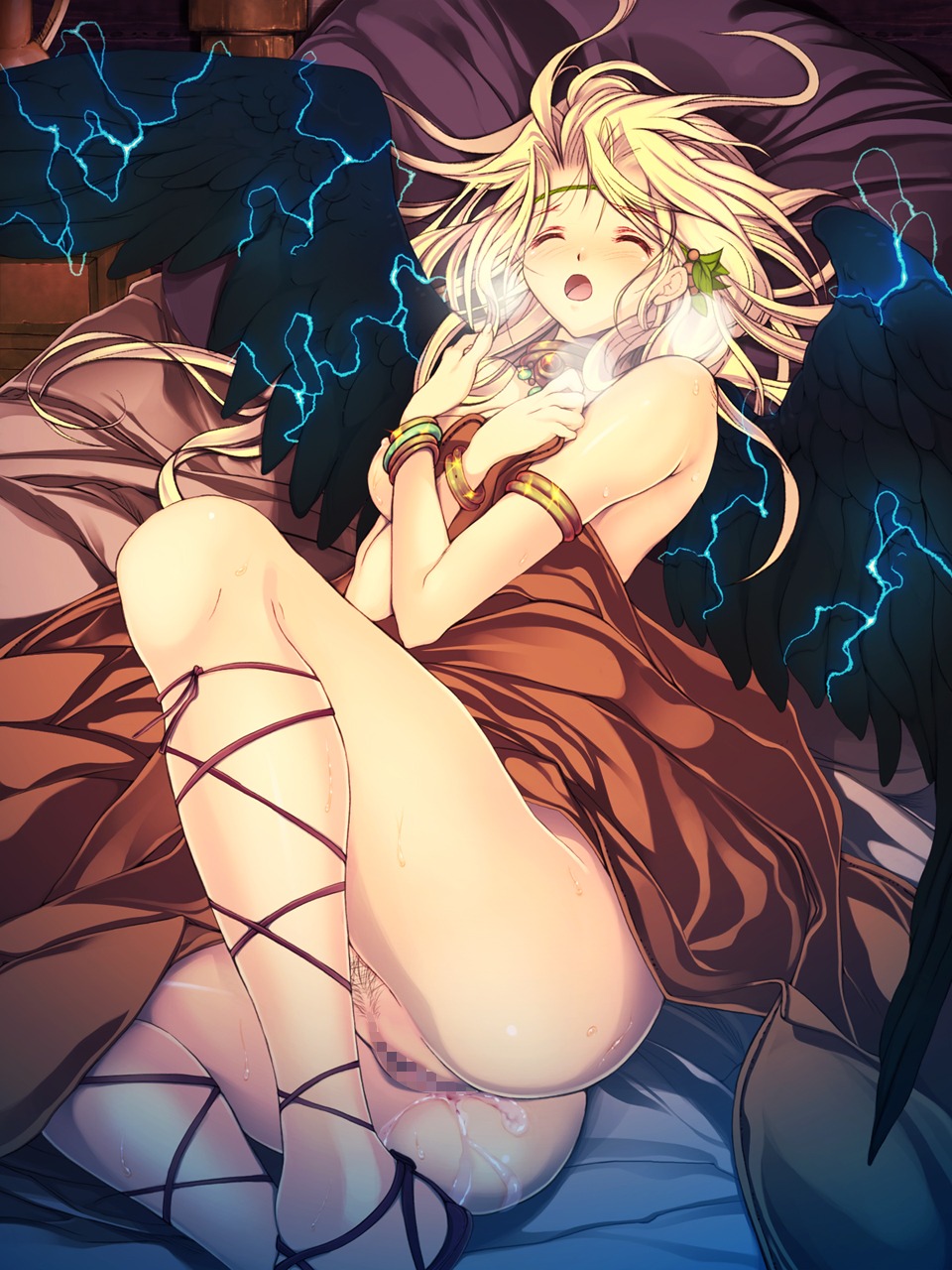 angel angel_wings ankle_lace-up armlet ass bed blanket blonde_hair blush bracelet breath censored closed_eyes covering female head_wreath jewelry long_hair lying necklace nude_cover on_side open_mouth pillow pubic_hair pussy rule34 shijimi_(osumashi) sweat vagina wings