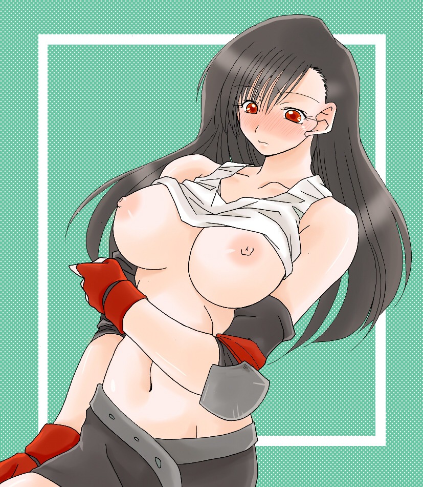 asuka_(pixiv1325580) belt black_hair blush breasts female female_only final_fantasy final_fantasy_vii fingerless_gloves gloves human long_hair midriff miniskirt nipples no_bra red_eyes rule34 shirt_lift skirt solo straight_hair tank_top tifa_lockhart