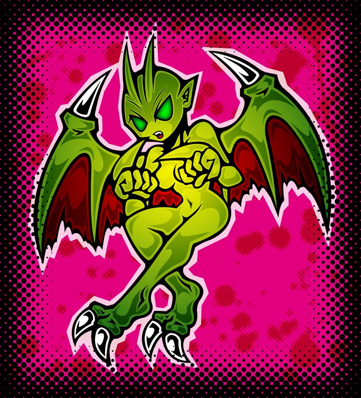 2_toes appricot_village breasts claws demon featureless_eyes female female_only full_body glowing_eyes green_eyes green_skin huge_eyes looking_at_viewer marukka medium_breasts nude open_mouth outline pointy_ears pose rule34 solo spread_wings tagme thrill_kill wings